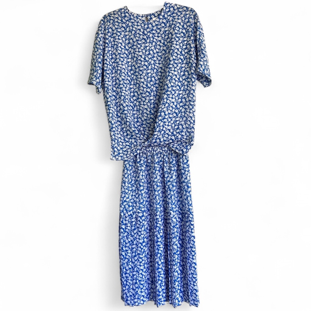 VINTAGE 80S ALISON PETERS Blue White Floral Print Midi Skirt Coord Set | Size 8
